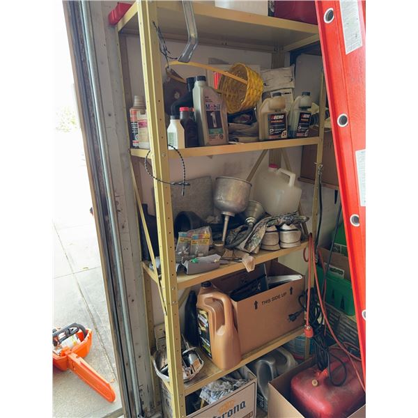 Metal Storage Rack Including Contents, Lubricants, Oil Containers, Parts and Tools