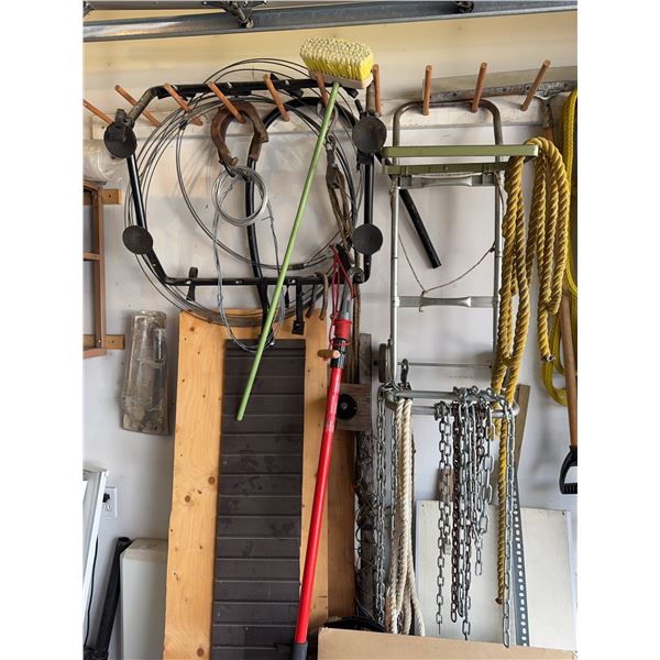 Garage Tools Including Broom, Ladder, Ropes, Chains, and Hose Reels