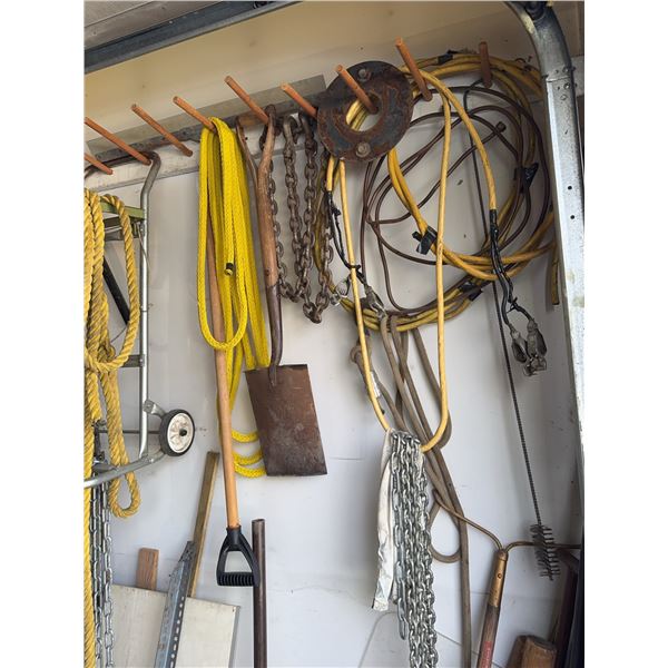 Garage Tools Lot: Chains, Ropes, Shovels, Brush, Cables, and Metal Parts