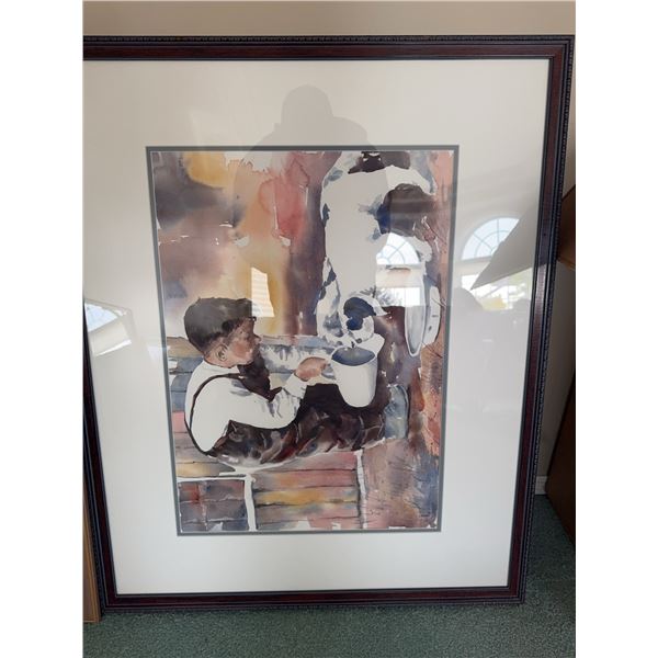 Framed Watercolour Painting Boy Milking Cow Signed Lower Right
