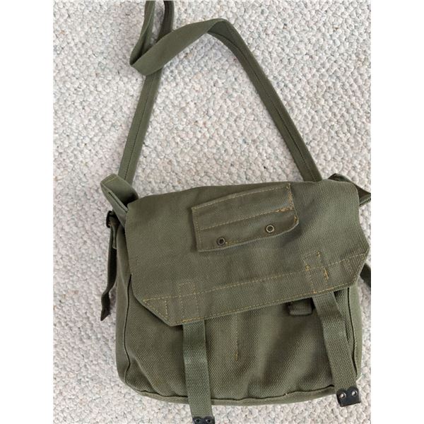 Canadian Army Surplus Green Canvas Gas Mask Bag with Strap and Metal Buckles