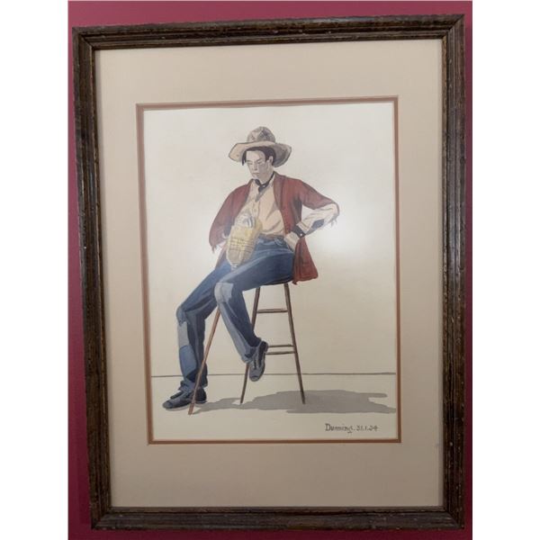 Framed Watercolour Painting by Dunning, 1934, Cowboy Seated on Stool