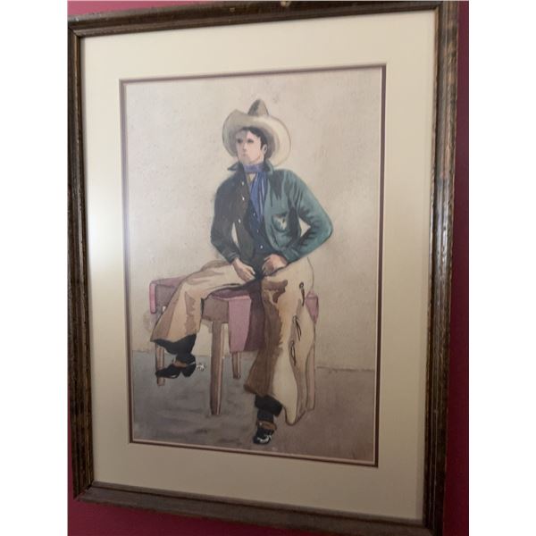 Framed Watercolour Painting of Cowboy Seated on Pink Bench