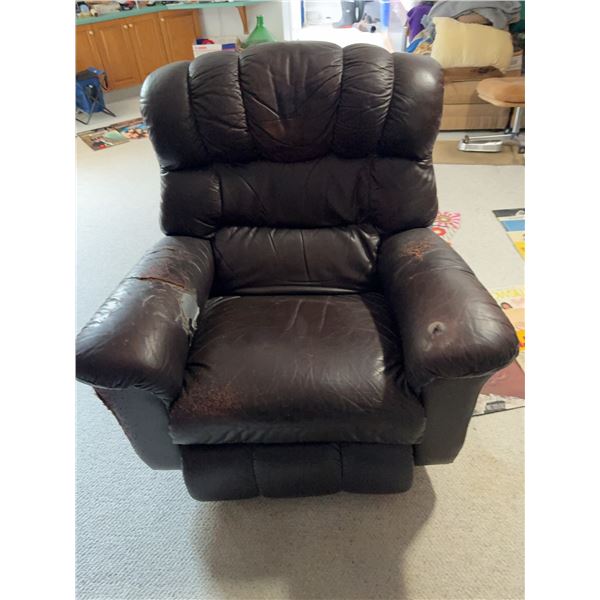 Brown Leather Recliner Chair with Wear on Arms and Seat