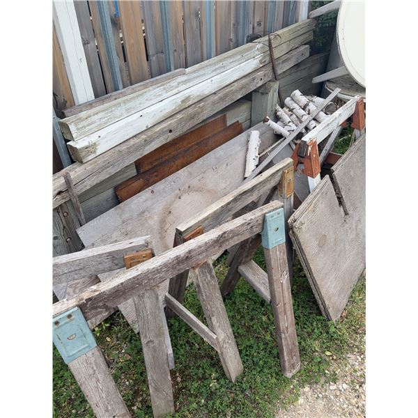 Salvaged Wood, Sawhorses, Round Tabletop, Birch Logs, and Metal Pieces