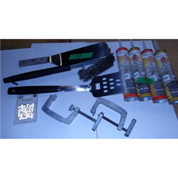 UNCLAIMED STORAGE:  BOX C/W BBQ BRUSH, SPATULAS, CLAMPS, SEALANT FOR RV ROOFS