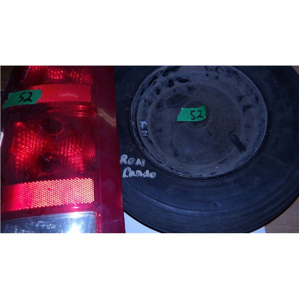 UNCLAIMED STORAGE:  WHEELBARROW TIRE & RIM, HOSE, DODGE TAIL LIGHT