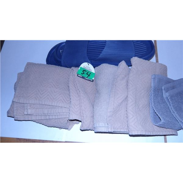UNCLAIMED STORAGE:  BOX C/W TOWELS, FACE CLOTHS, NEW SLIPPERS (SIZE 11-12)
