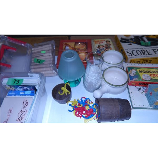 BLUE TOTE & LID C/W GAMES, CARDS, BOOKS, ONION SOUP BOWLS, ETC