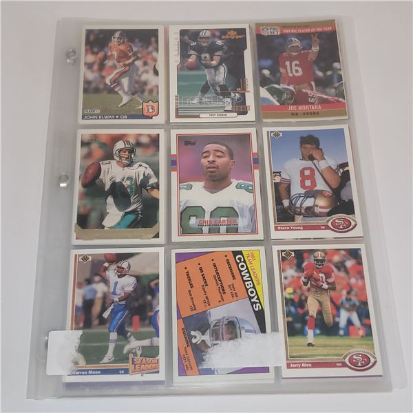 9 SHEETS (53 CARDS) NFL STAR AND ROOKIE CARDS (MONTANA, AIKMAN +)