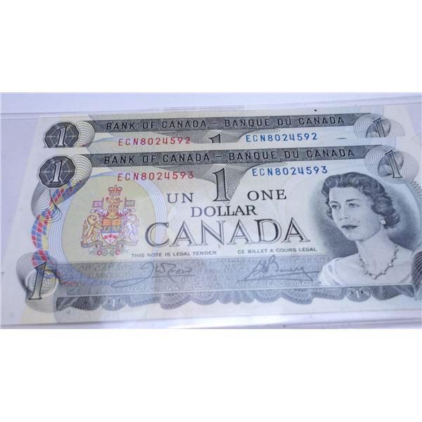 1973 CRISP UNCIRCULATED SEQUENTIAL SERIAL NUMBER CANADA $1 BILLS