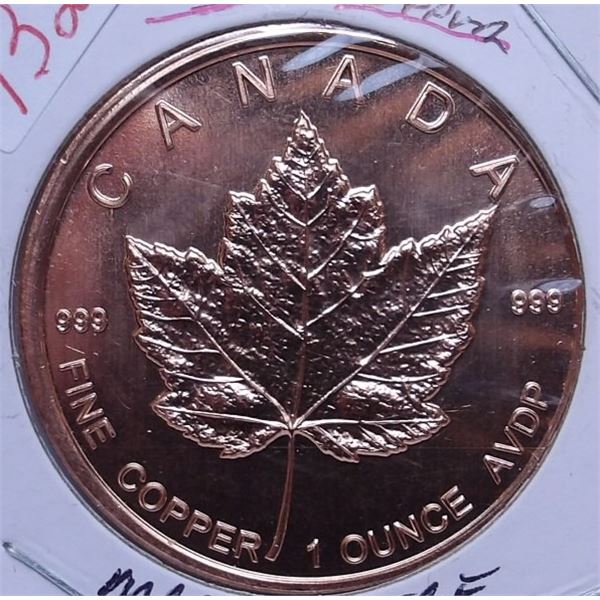 999 PROOF ONE OUNCE FINE COPPER MAPLE LEAF COIN