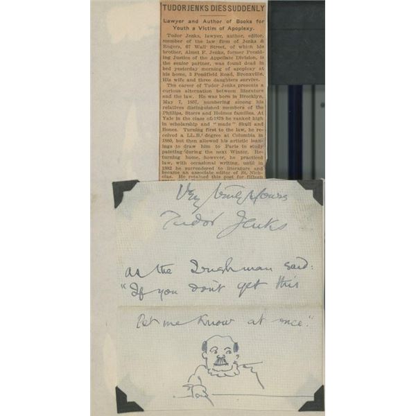 Author Tudor Jenks handwritten note with sketch
