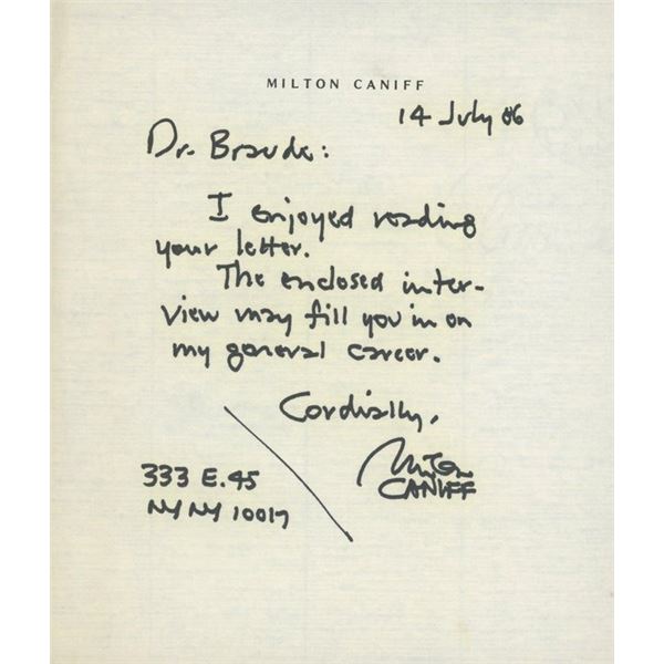 Milton Caniff hand written signed note