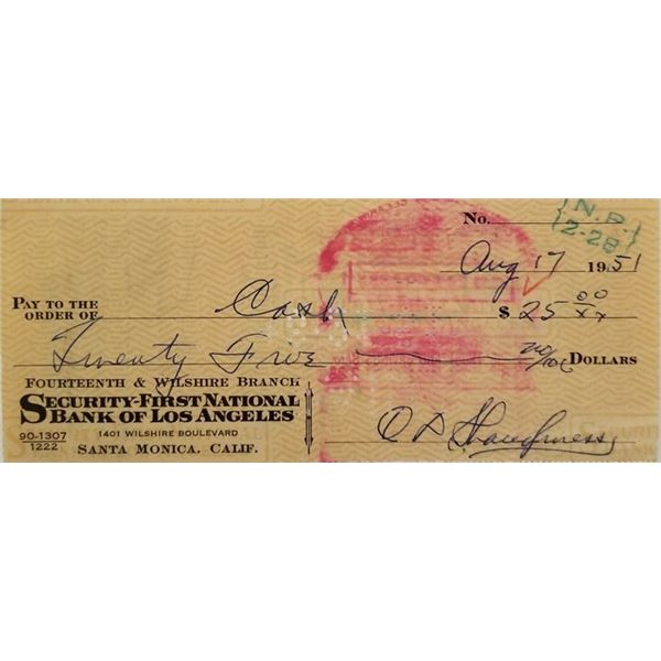 Football Coach Clark Shaughnessy double signed check