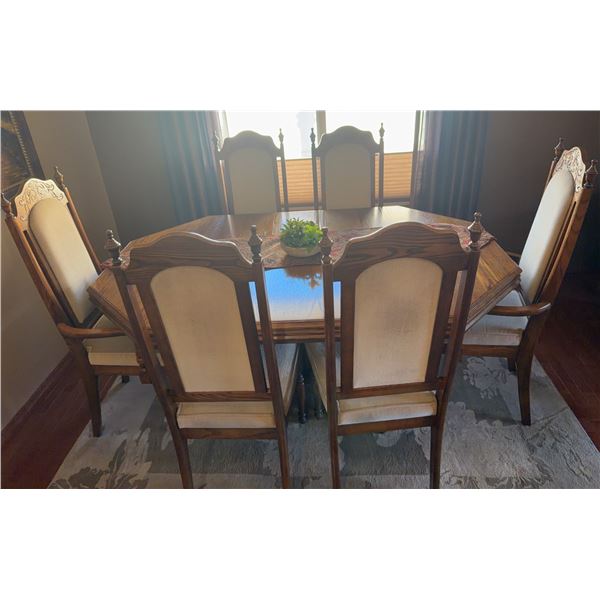 Wood Dining Table With Adjustable Size 67" x 43" and Six Upholstered Chairs