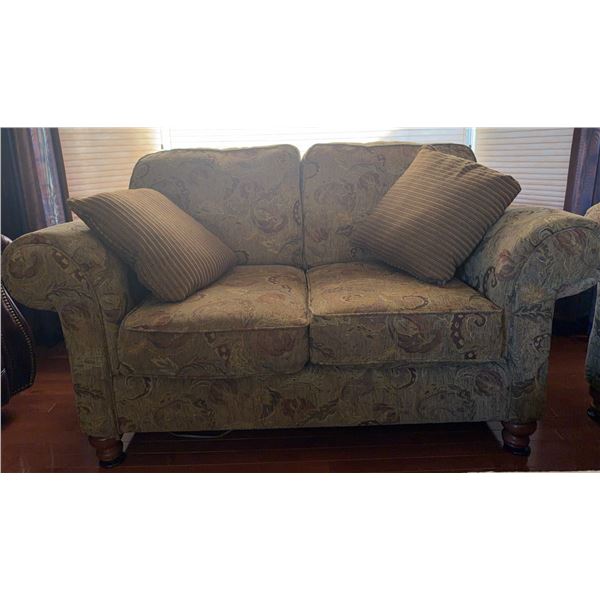 Patterned Upholstered Loveseat with Rolled Arms and Cushions, 63" x 33"