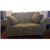Image 1 : Patterned Upholstered Loveseat with Rolled Arms and Cushions, 63" x 33"