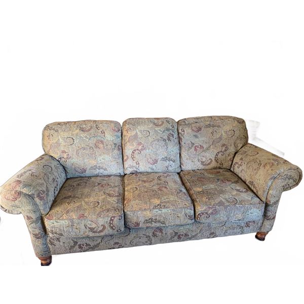 Three-Seat Fabric Sofa with Rolled Arms and Patterned Upholstery, 82" x 36"
