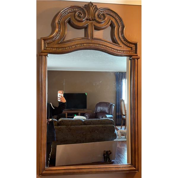 Ornate Wood Framed Wall Mirror with Carved Top Detail, 31" x 54"