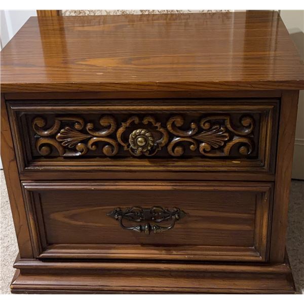 Ornate Wood Nightstands with Carved Fronts, Two Pieces, Each 26 x 17 Inches