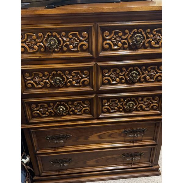 Ornate Carved Wood 6-Drawer Dresser with Brass Hardware