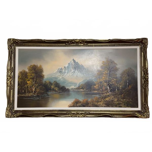 Framed Landscape Oil Painting with Mountain Scene, 55 x 30 cm