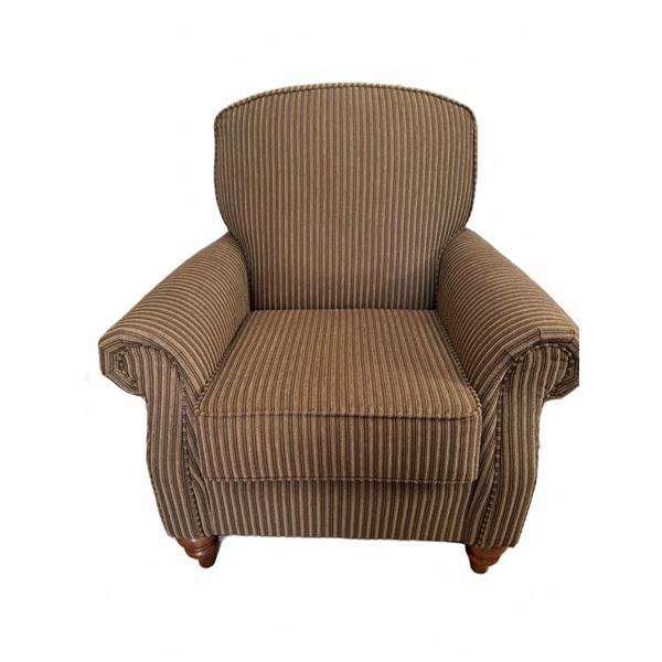 Striped Upholstered Armchair with Rolled Arms and Wooden Feet, Measures 34" x 38"