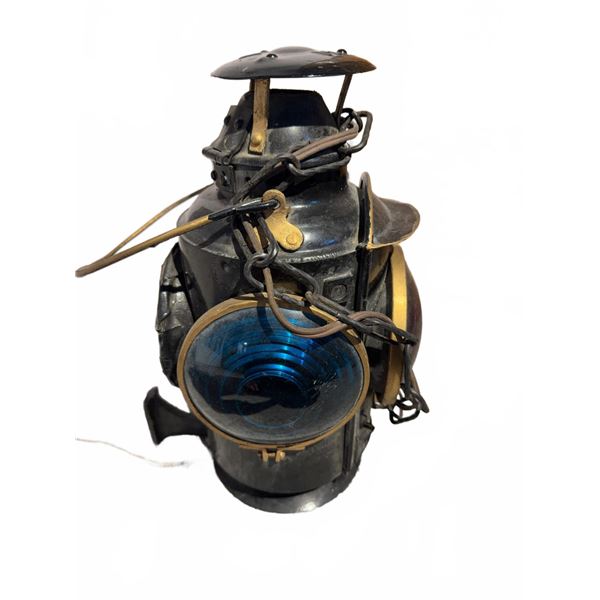 CNR Cast Iron Railroad Lantern with Red and Blue Glass Lenses and Chain