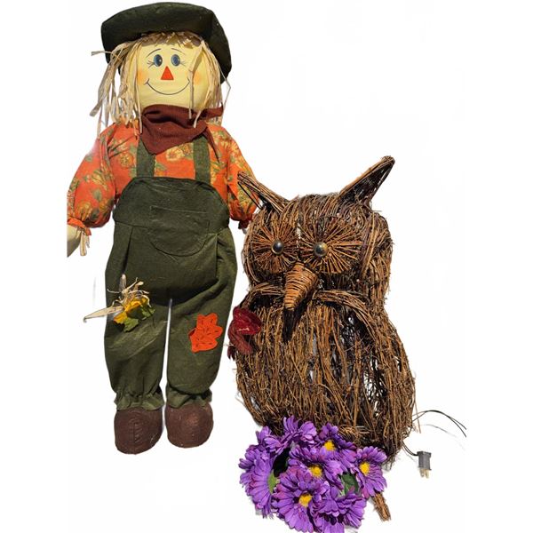 Stuffed Fabric Scarecrow and Wicker Owl Light with Artificial Flowers