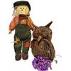 Image 1 : Stuffed Fabric Scarecrow and Wicker Owl Light with Artificial Flowers