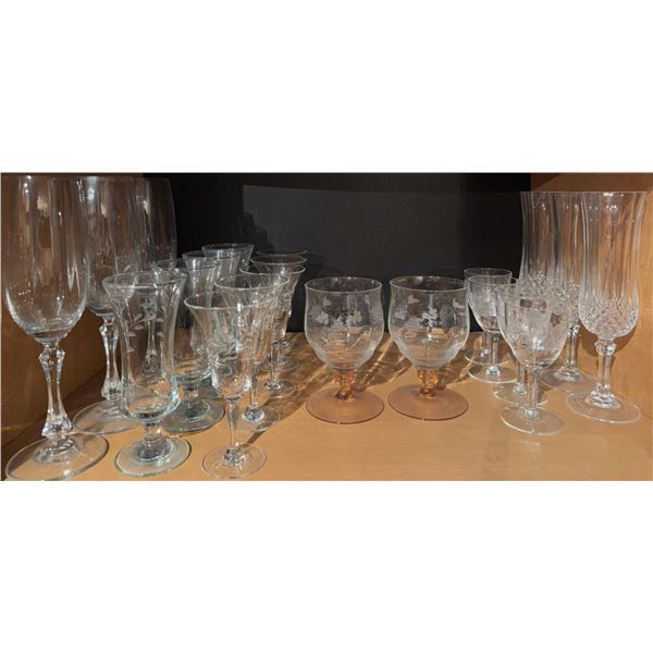 Etched and Clear Crystal Stemware Set, 19 Pieces