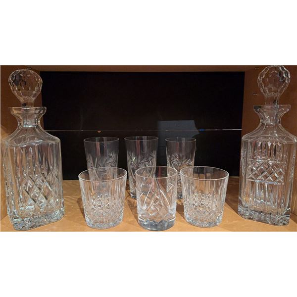 Cut Glass Decanter Set with Two Decanters and Six Assorted Tumblers