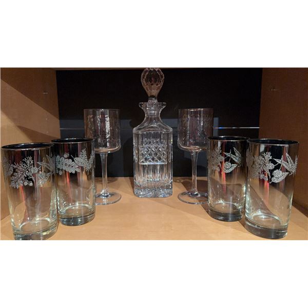 Crystal Decanter With Stopper, 2 Crystal Wine Glasses, 4 Silver Rimmed Highball Glasses
