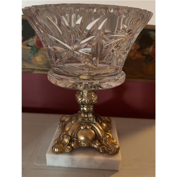 Cut Glass Centerpiece Bowl on Ornate Brass Stand with Marble Base