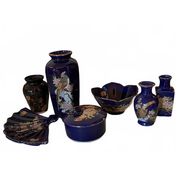 Japanese Style Blue and Black Ceramic Vases Bowls and Fan Dish Lot