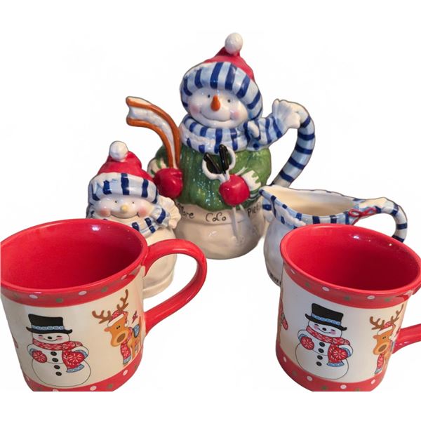 Temp-tations Winter Whimsy Snowman Ceramic Cocoa Set with 14 oz Mugs (5 Pieces)