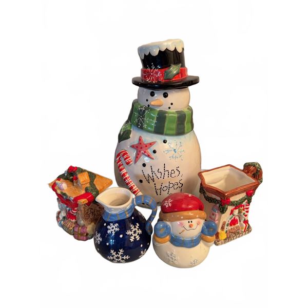Ceramic Snowman Cookie Jar and Holiday Creamers Assorted Lot, 5 Pieces