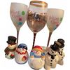 Image 1 : 3 Holiday Wine Glasses and 4 Snowman Salt and Pepper Shakers
