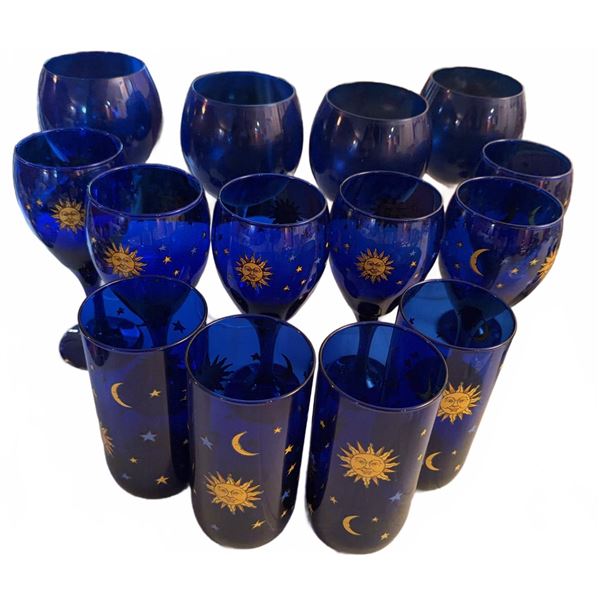12 Cobalt Blue Glasses with Celestial Sun, Moon and Stars Design