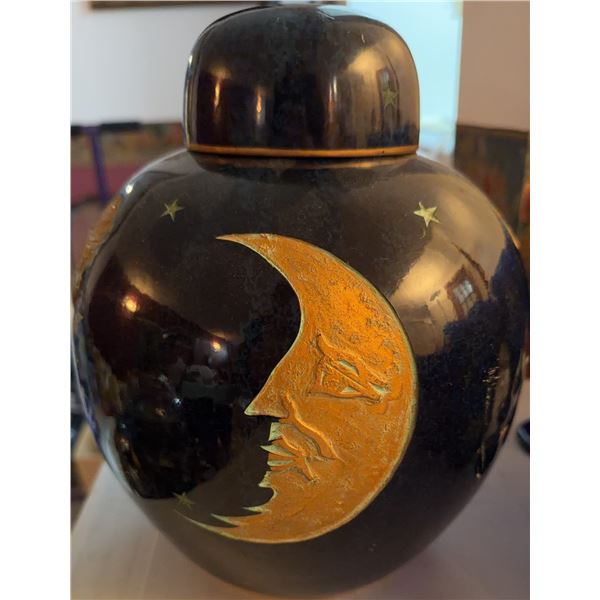 Ceramic Lidded Jar with Gold Crescent Moon and Stars Motif