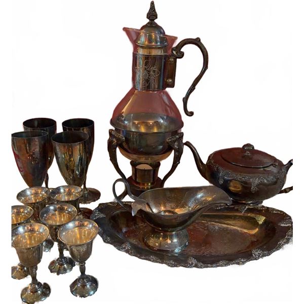 Victorian 512 Silver Plated Tableware Set: Carafe, Goblets, Teapot, Tray, Gravy Boat