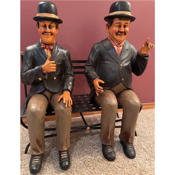 Seated Comedic Figures in Bowler Hats on Metal Bench