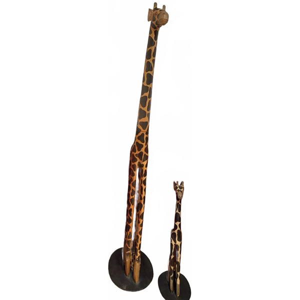 Hand-Carved Painted Wood Giraffe Sculptures on Round Bases