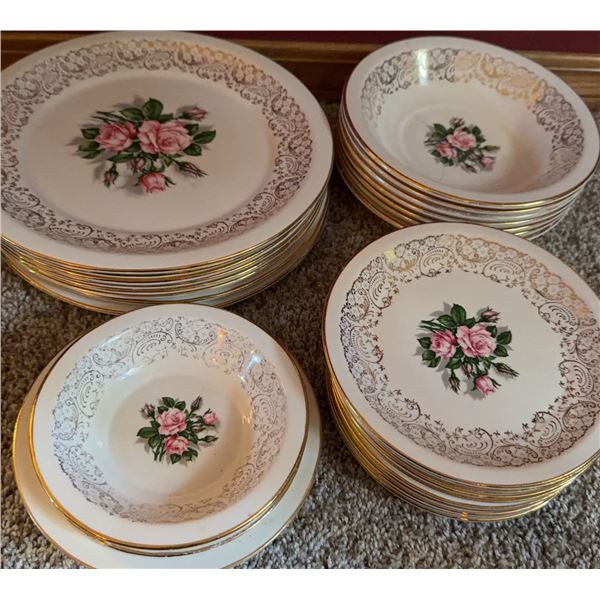 Floral Dinnerware Set with Gold Trim, Includes Plates and Bowls, Rose Pattern