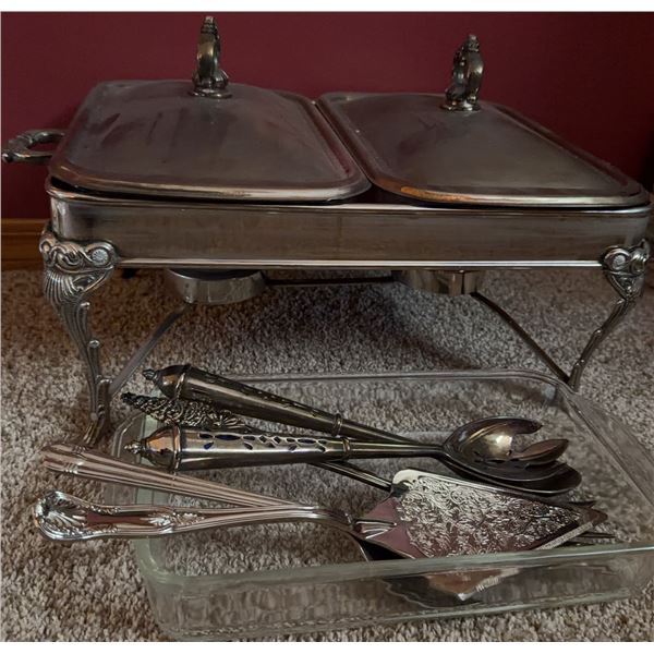 Silver-Plated Chafing Dish With Two Lids and Assorted Silver Serveware