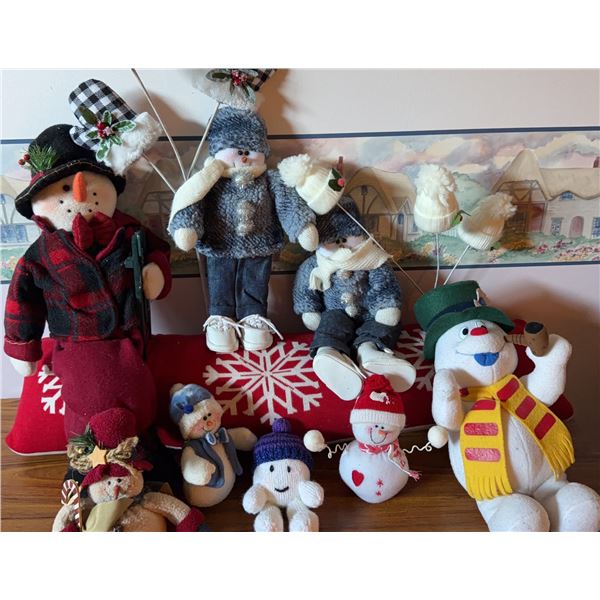 Plush and Fabric Snowman Christmas Decor Lot, 10 Pieces