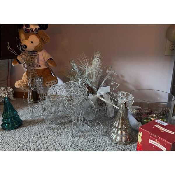 Holiday Decor Lot: Wire Deer Sleigh Set, Angels, Ornaments, Plush Bear, Bunnykins Box