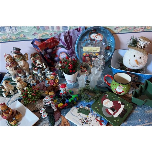 Christmas Decor and Tableware Including Figurines, Mugs, Plates, and Trays