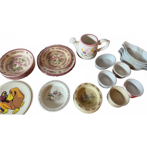 Ceramic and Porcelain Plates, Bowls, Pitcher, and Teapot Set